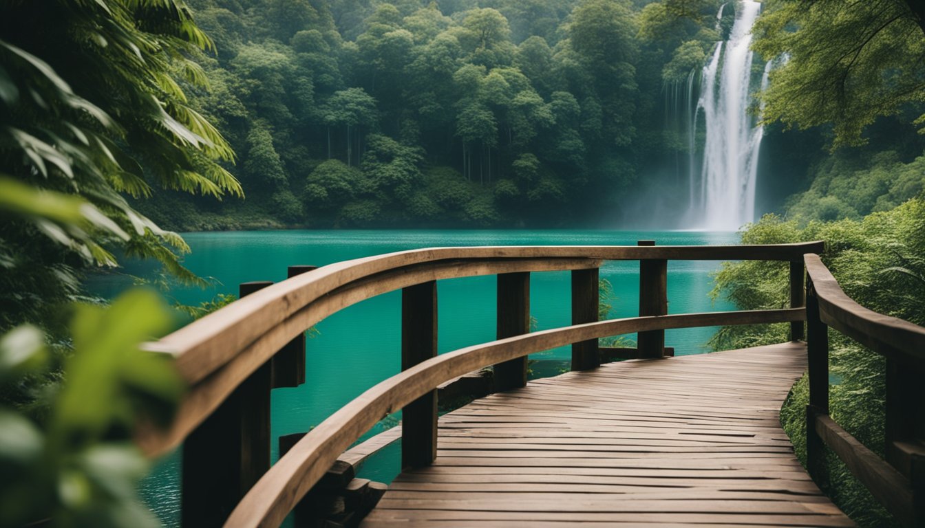 Crystal-clear lakes surrounded by lush greenery, cascading waterfalls, and wooden walkways winding through the park. Wildlife and tourists admiring the natural beauty