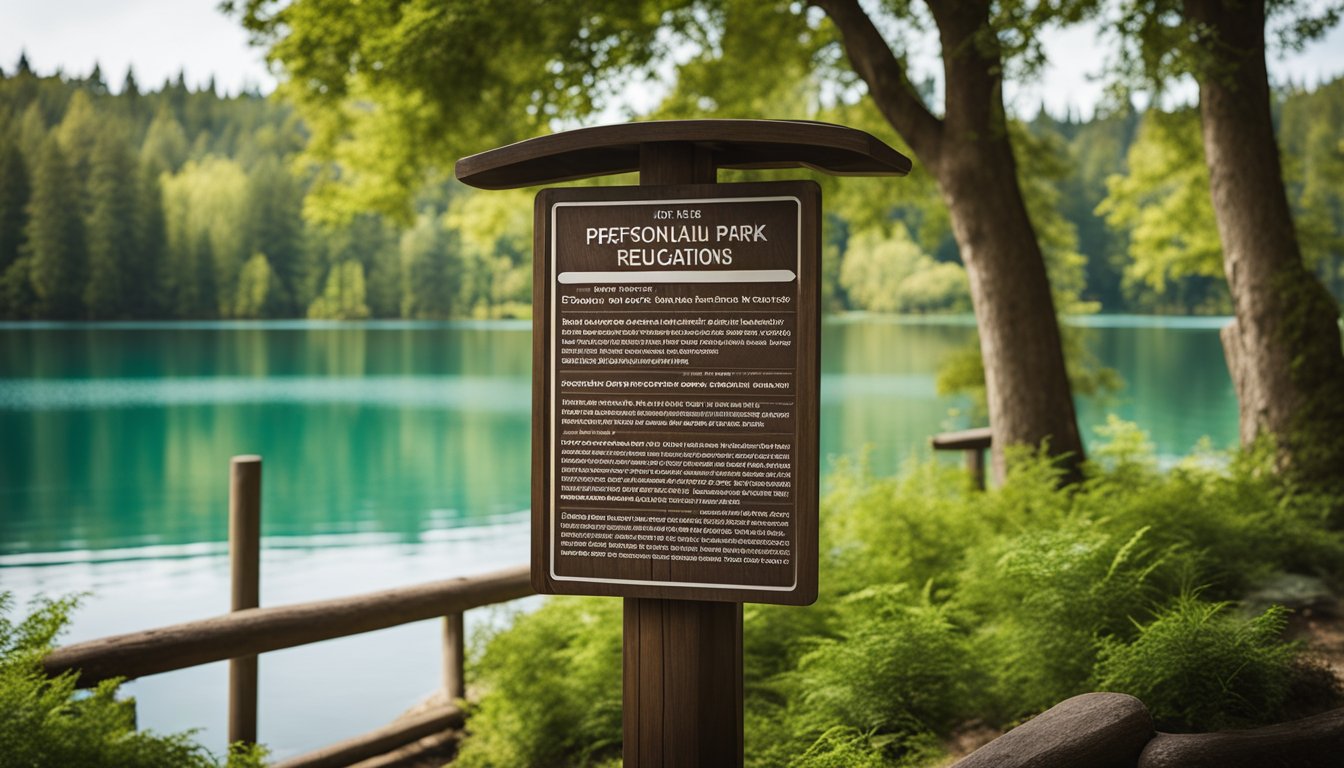 A wooden sign stands at the entrance, displaying park regulations. A map and information kiosk are nearby. Lush greenery and a crystal-clear lake create a serene backdrop