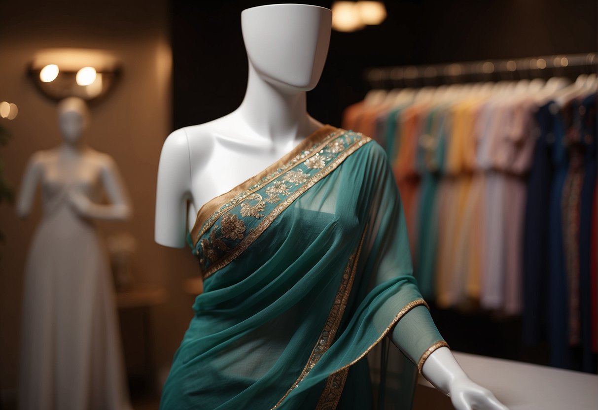 A georgette saree being gracefully draped around a mannequin, with hands delicately adjusting the fabric folds