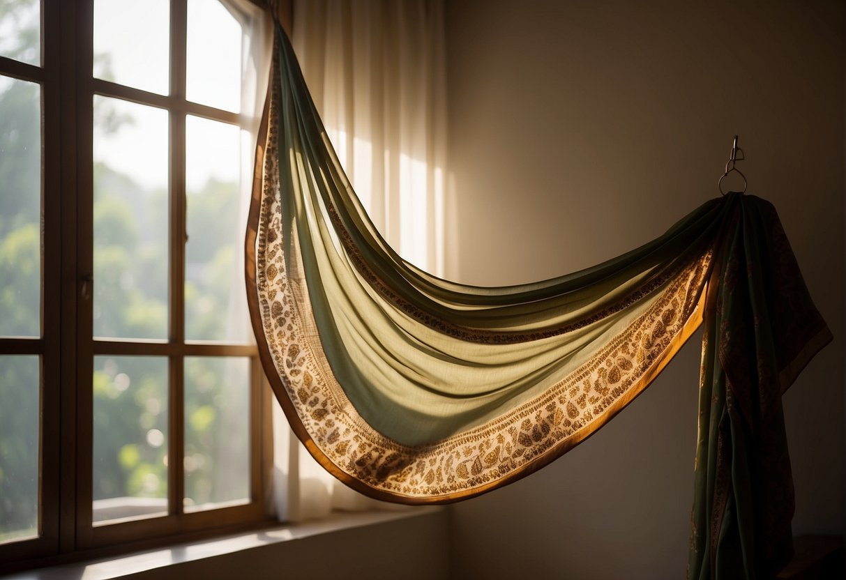 A woman's georgette saree draped over a hanger, with soft sunlight filtering through a window onto the delicate fabric, creating a beautiful play of light and shadow