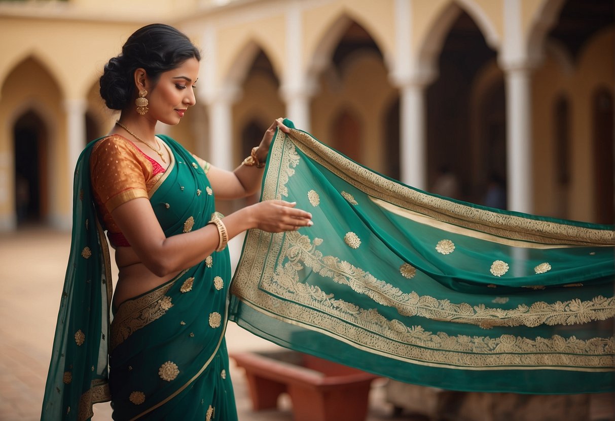 A woman carefully selects a georgette saree from a collection, considering the perfect occasion to wear it. The saree's delicate fabric and intricate design suggest a formal event or celebration