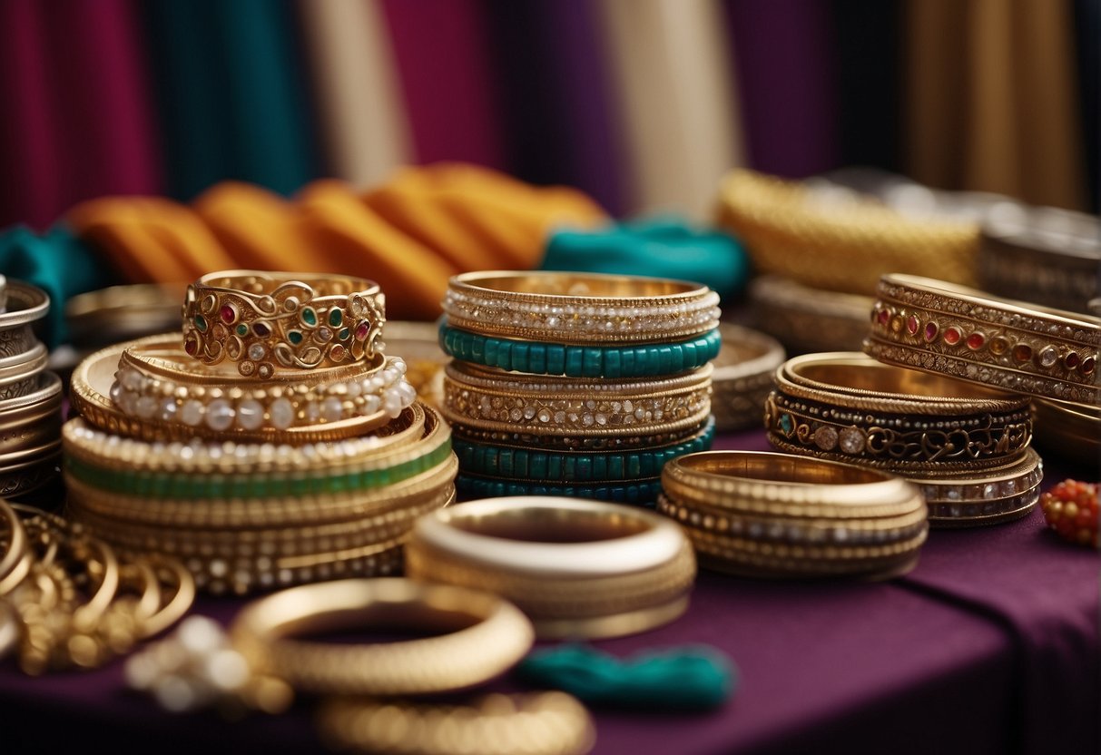 A table displaying various accessories like bangles, earrings, and necklaces next to neatly folded georgette sarees