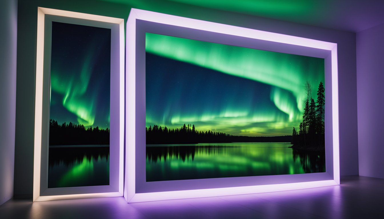A colorful display of the Northern Lights dances across the night sky in Finland, illuminating the darkness with vibrant hues of green, purple, and blue