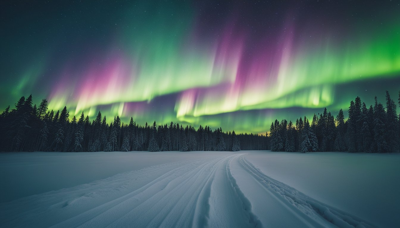 The vibrant colors of the Northern Lights dance across the night sky in Finland, illuminating the vast and snowy landscape with an otherworldly glow
