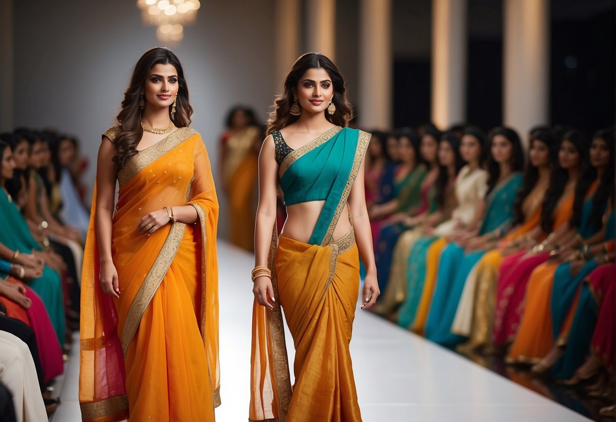 A runway filled with vibrant partywear sarees, showcasing the influence of fashion designers on traditional Indian attire