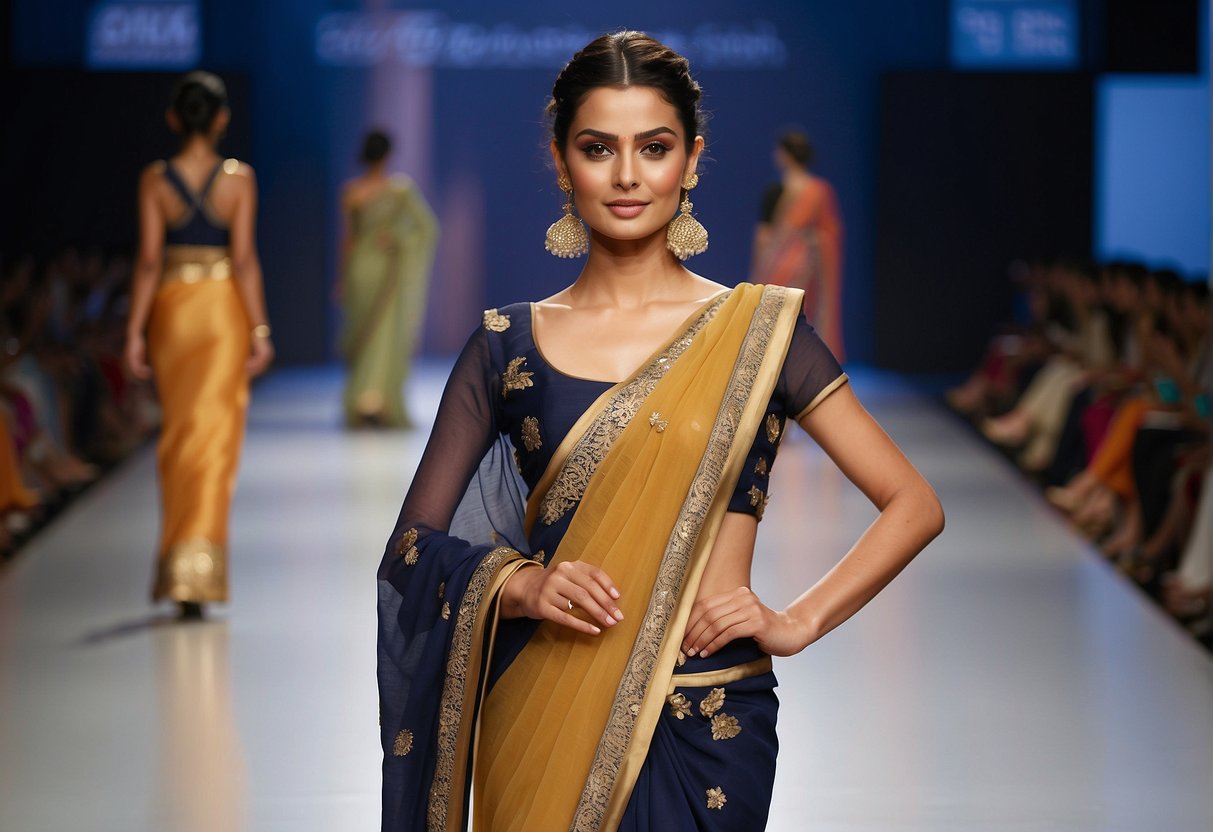 A runway show with modern partywear sarees, showcasing the influence of fashion designers on saree trends. Bold colors, intricate embellishments, and innovative draping techniques are on display