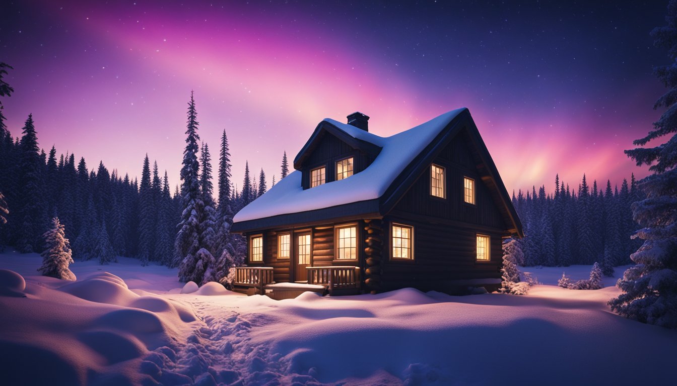 A cozy cabin in a snowy forest with a clear night sky, the vibrant colors of the Northern Lights dancing above