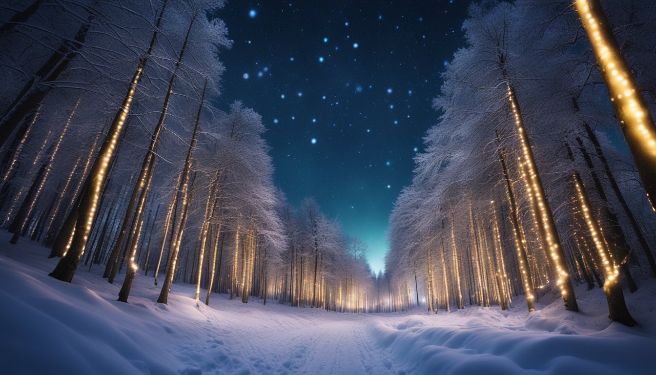 A snowy forest at night with colorful ribbons of light dancing across the sky, casting a magical glow over the landscape