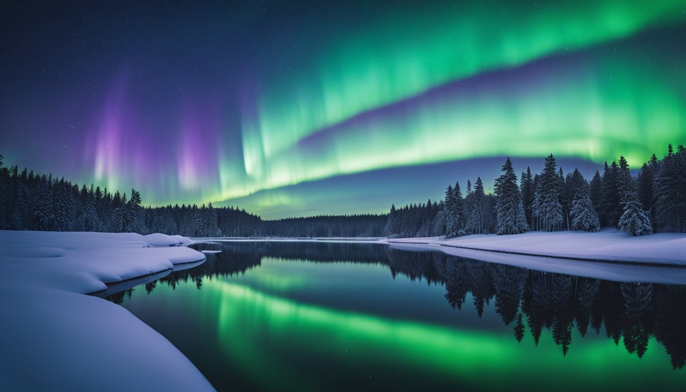 A vibrant green and purple aurora dances across the night sky, reflecting off a calm, snowy landscape in Finland