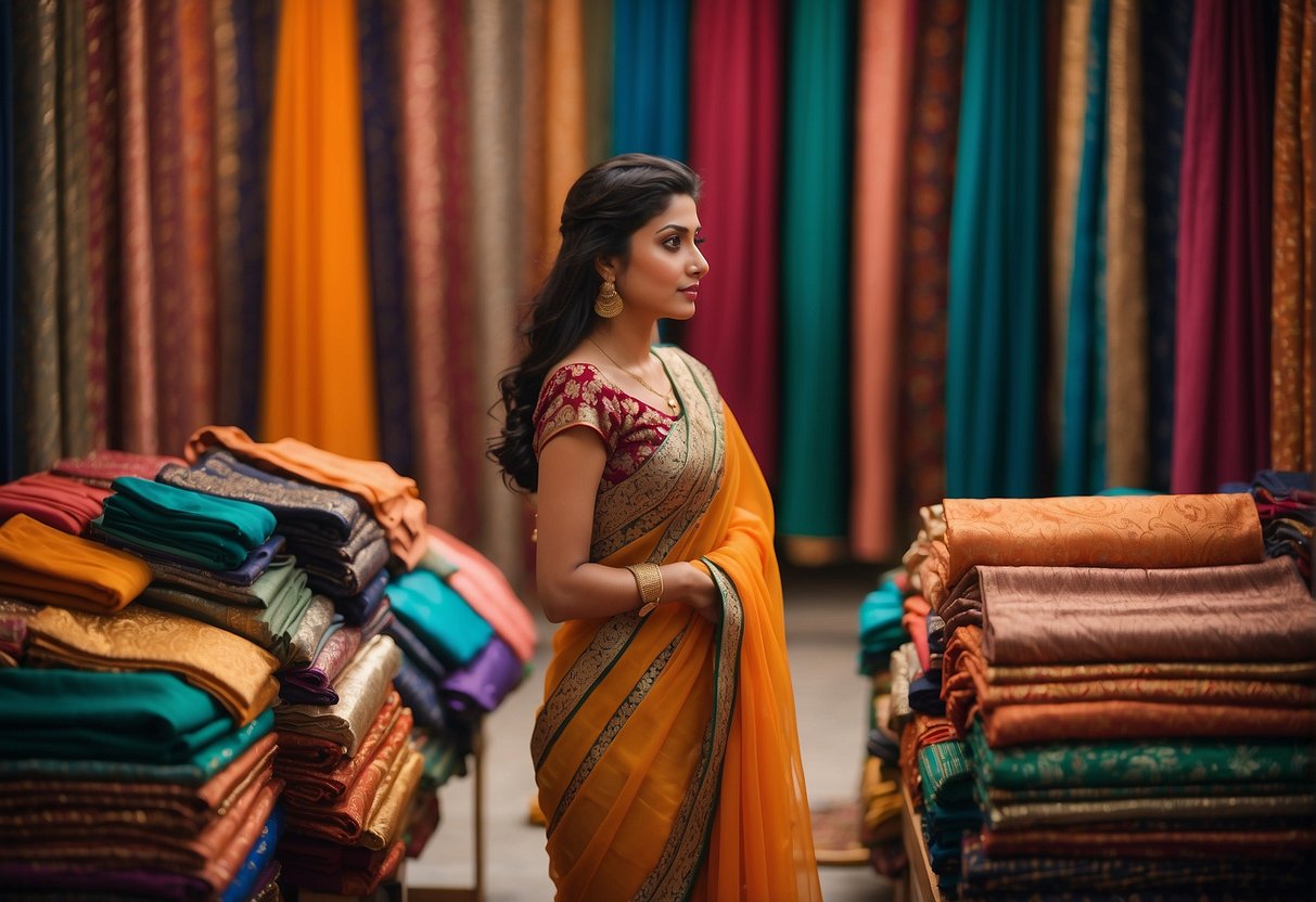 A woman stands in front of a display of custom and ready-made designer sarees, contemplating her options. The vibrant colors and intricate designs of the sarees catch her eye, creating a sense of anticipation and excitement