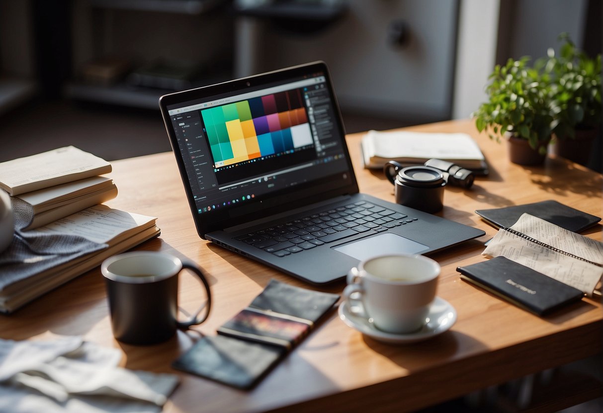 A table with fabric swatches, a sketchbook with design ideas, and a computer with design software open