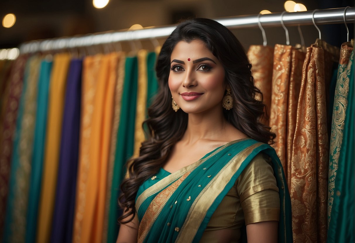 A woman stands between two racks of sarees, comparing the intricate details of a custom-made designer saree with the convenience of a ready-made one