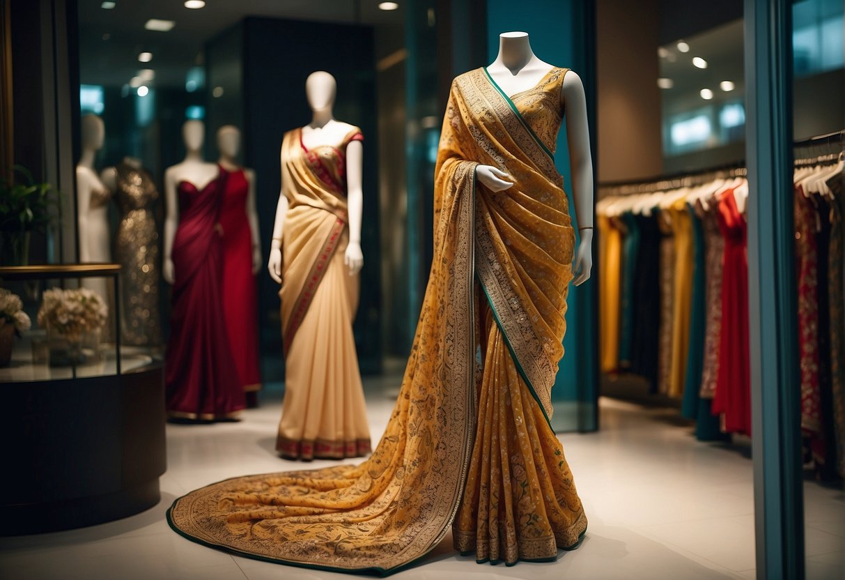 A luxurious, intricately patterned designer saree draped over a mannequin, displayed in a high-end boutique window. Rich colors and fine craftsmanship are evident, enticing potential customers to consider the investment