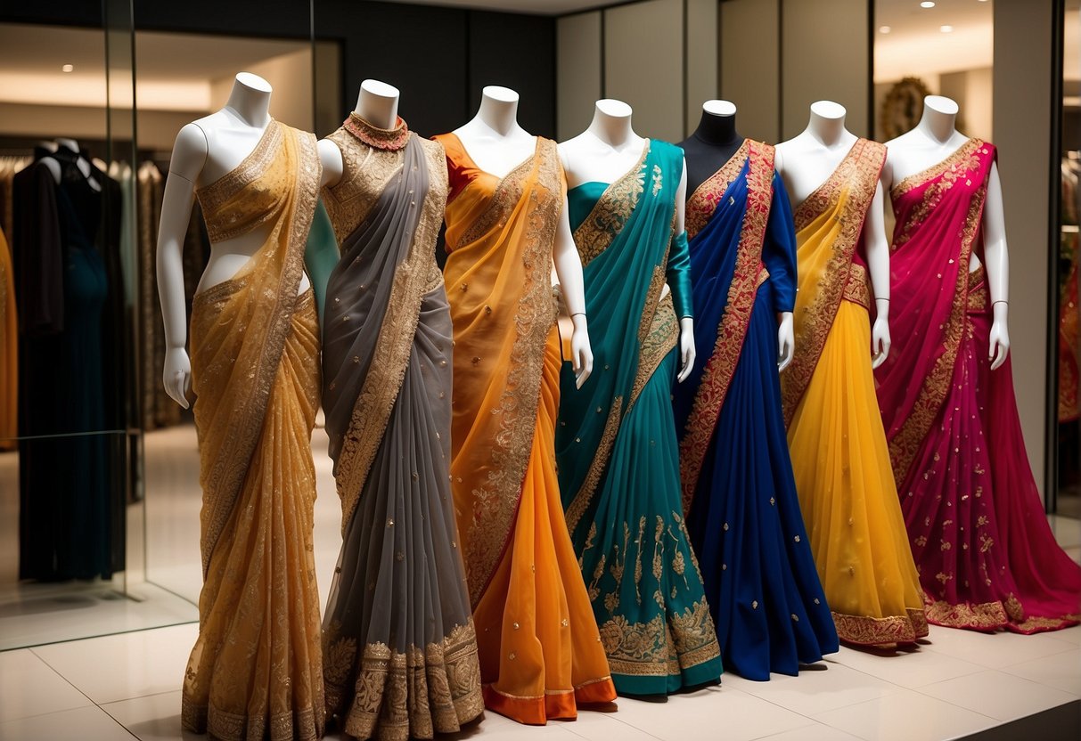 A collection of vibrant, intricately embroidered designer sarees displayed on mannequins in a high-end boutique, with price tags indicating their luxury value