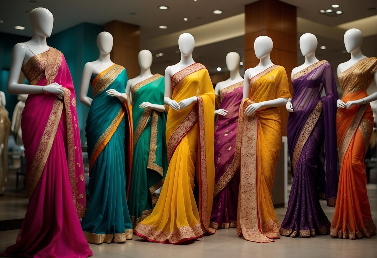 A colorful array of designer sarees displayed on mannequins, showcasing intricate patterns and luxurious fabrics. The scene exudes elegance and cultural significance