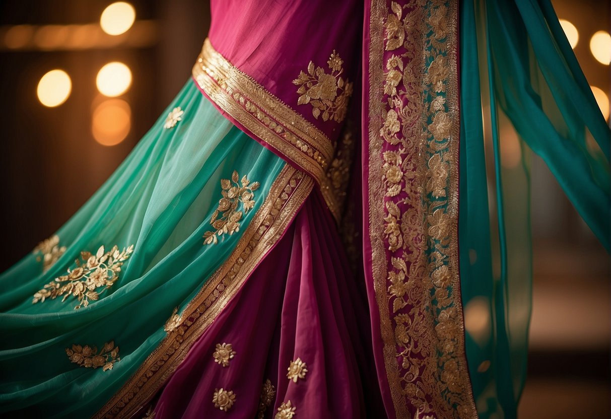A vibrant chiffon saree drapes elegantly, catching the light with its shimmering fabric. It is adorned with intricate embroidery and delicate embellishments, creating a luxurious and enchanting partywear ensemble