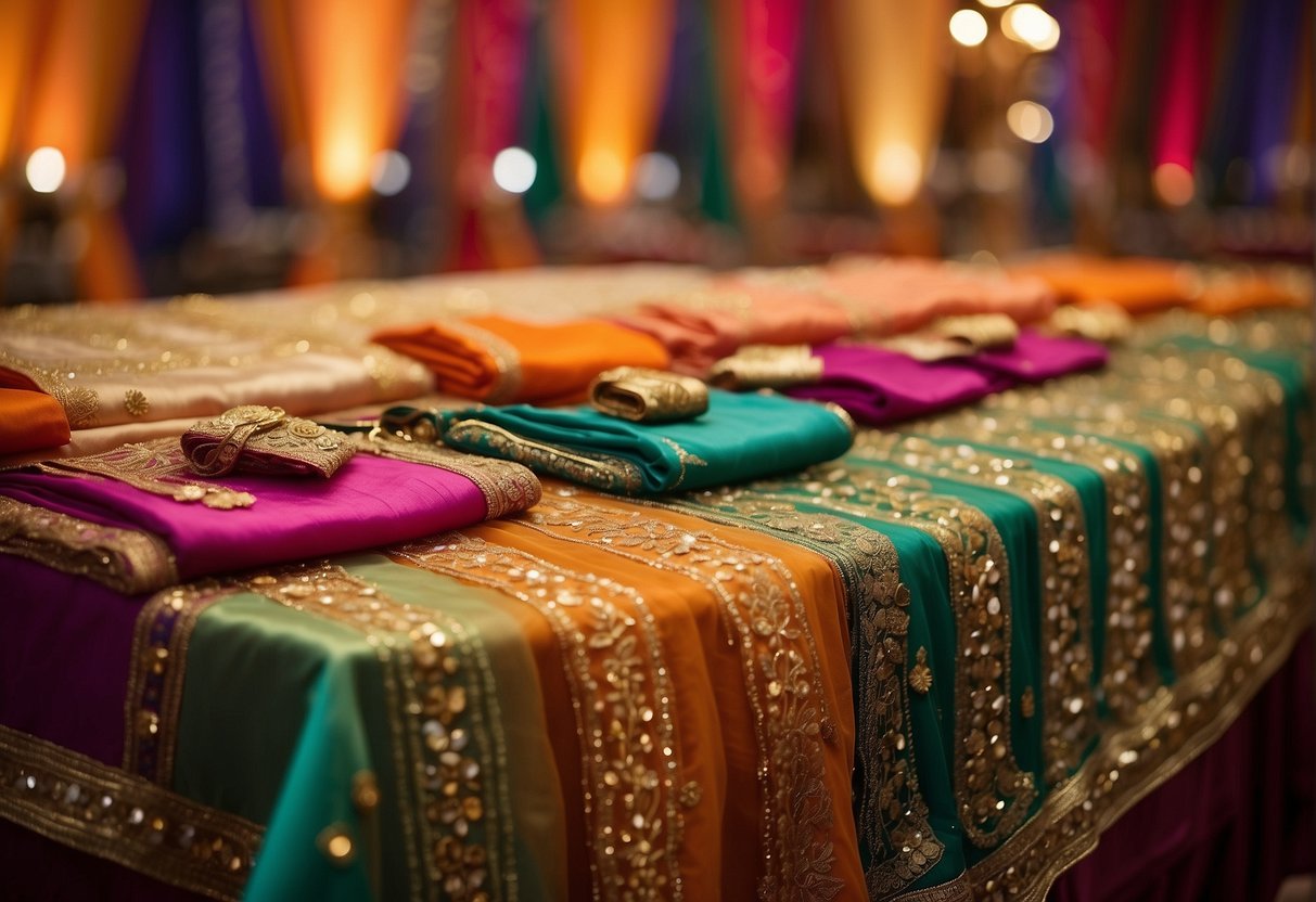 A table adorned with vibrant chiffon sarees, each shimmering with intricate embroidery and delicate embellishments, set against a backdrop of soft, ethereal lighting