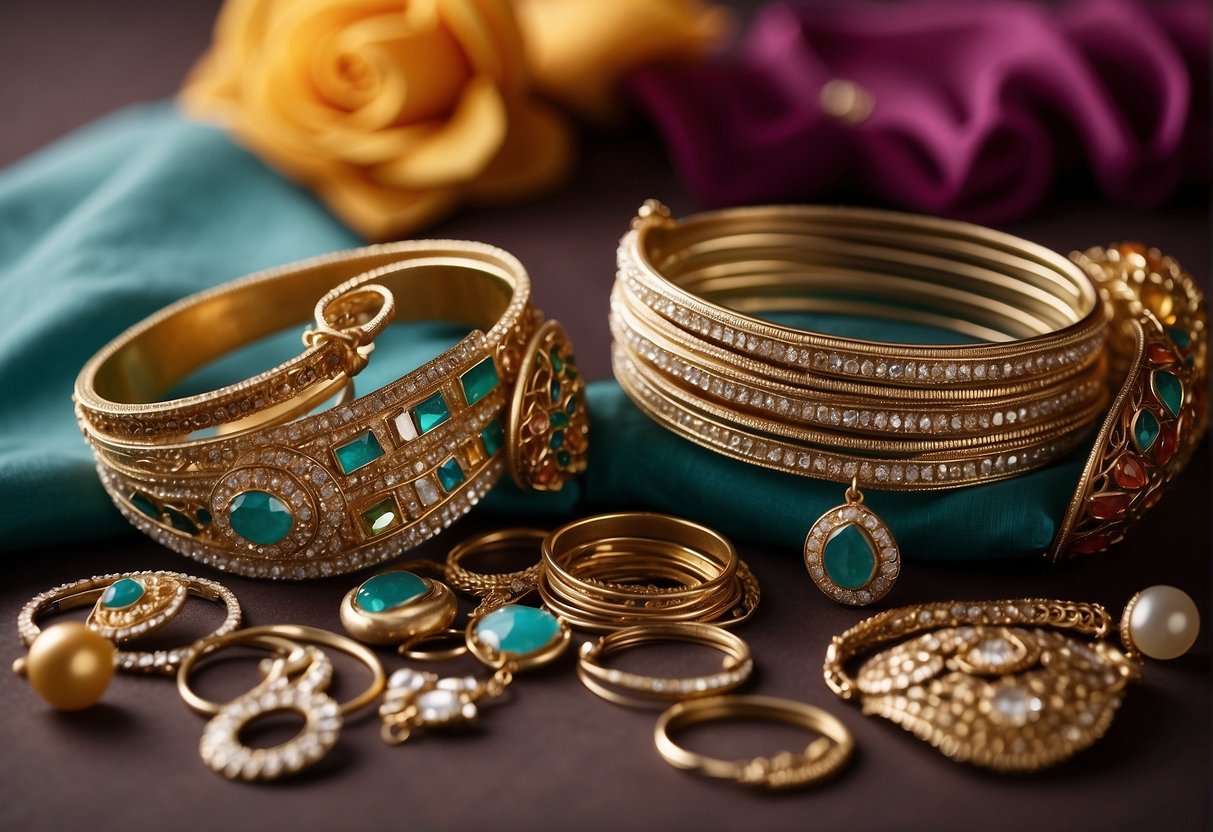 A table with a variety of jewelry and accessories laid out next to a chiffon saree, including bangles, earrings, and a clutch purse