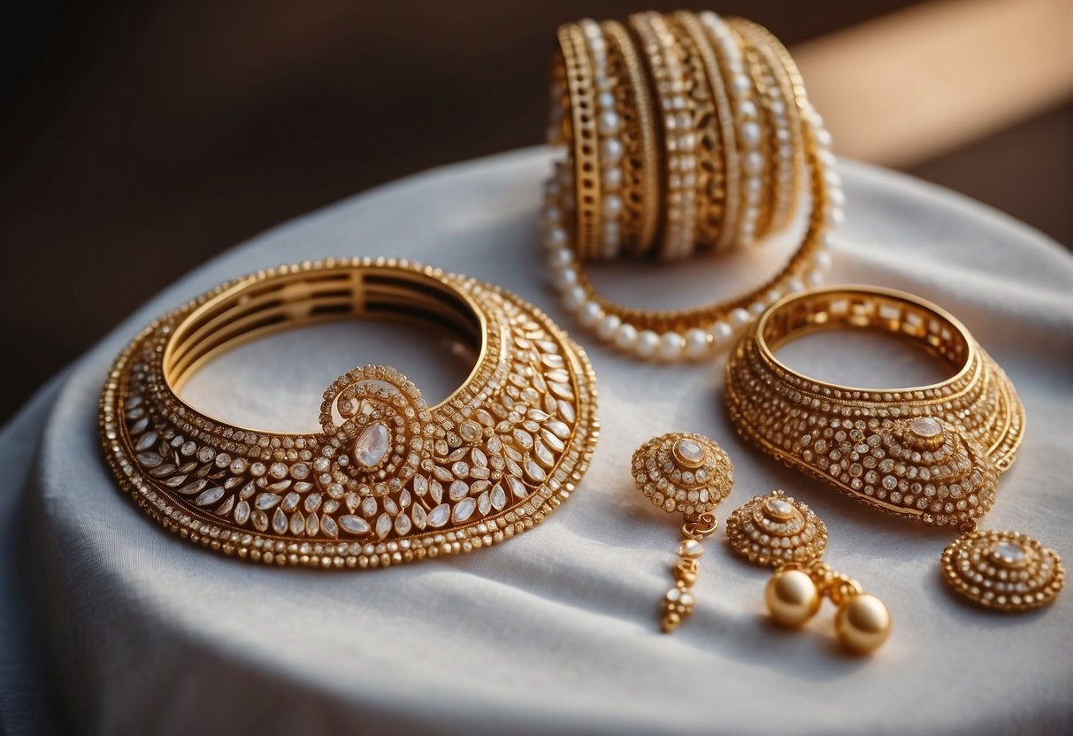 A table with a variety of accessories laid out: earrings, bangles, necklace, and a clutch. A chiffon saree draped elegantly nearby