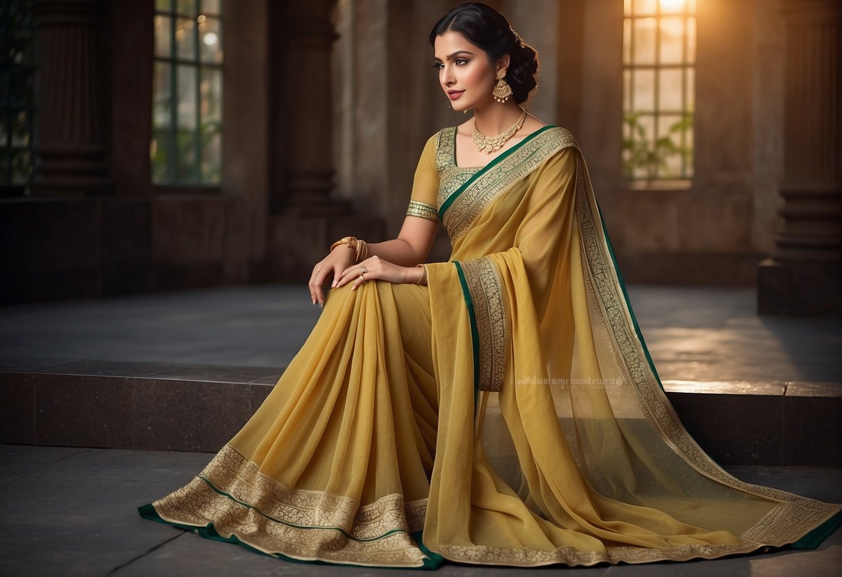 A chiffon saree elegantly draped and styled with accessories, creating the perfect look