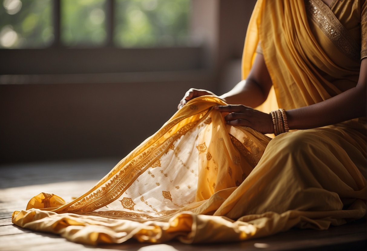A chiffon saree being gently hand washed in lukewarm water with mild detergent, then laid flat to air dry away from direct sunlight and heat sources