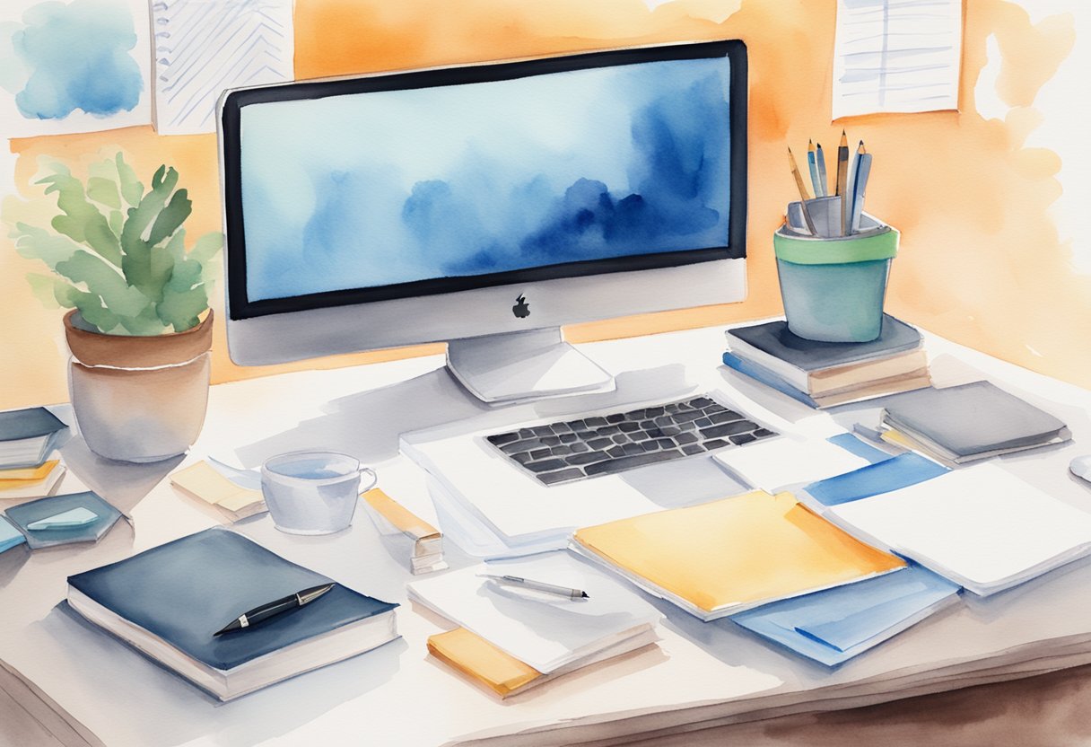 A computer desk with a YouTube logo on the screen, surrounded by content strategy books and a notepad with brainstorming notes