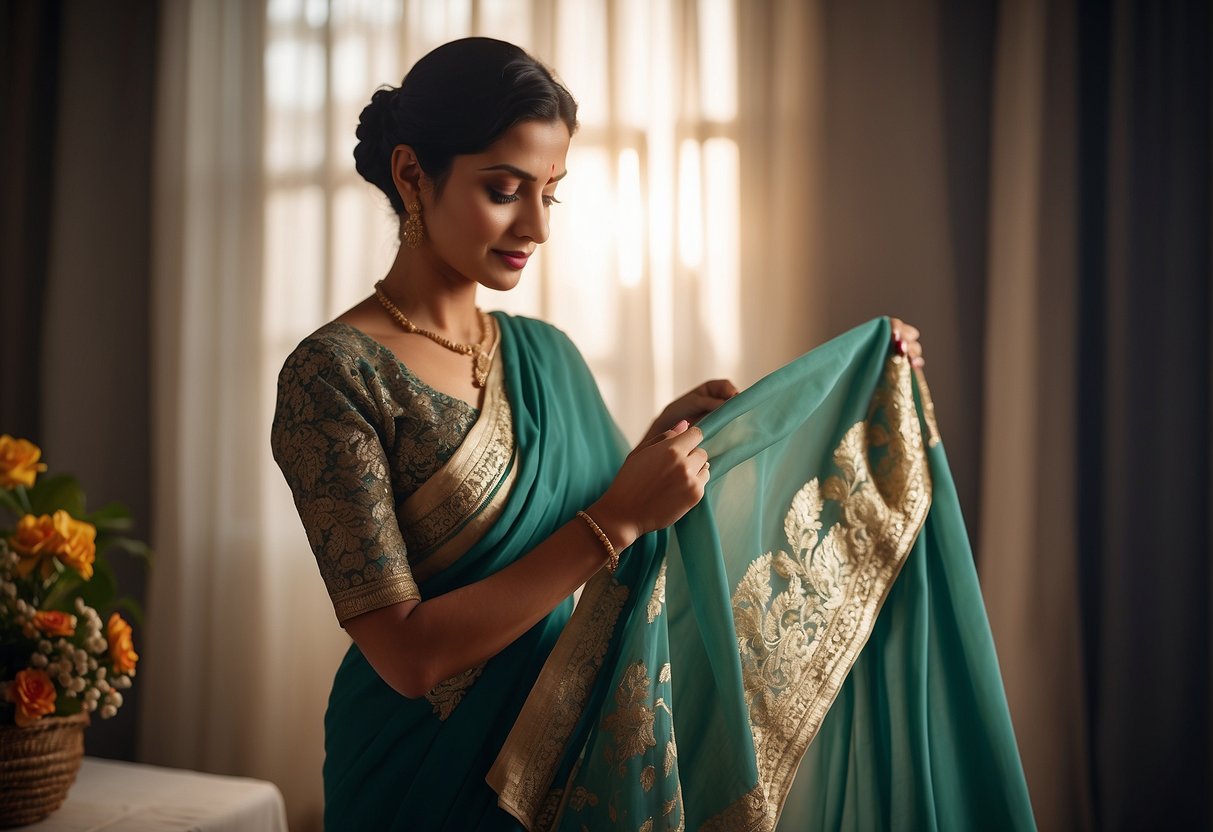 A woman gently folds a chiffon saree, placing it in a protective cover. She carefully selects delicate accessories to complement the garment, avoiding any harsh or abrasive materials
