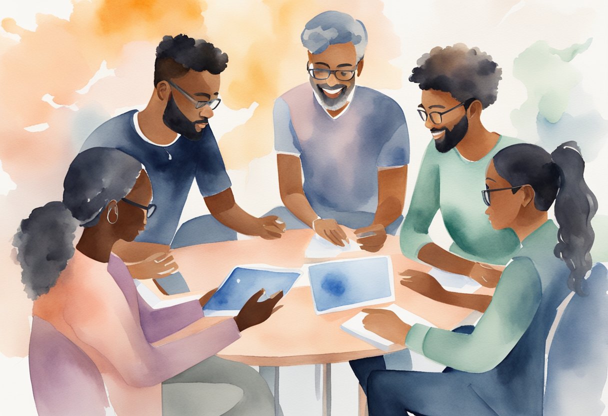 A group of diverse individuals interact and connect in a virtual space, sharing ideas and building a supportive community