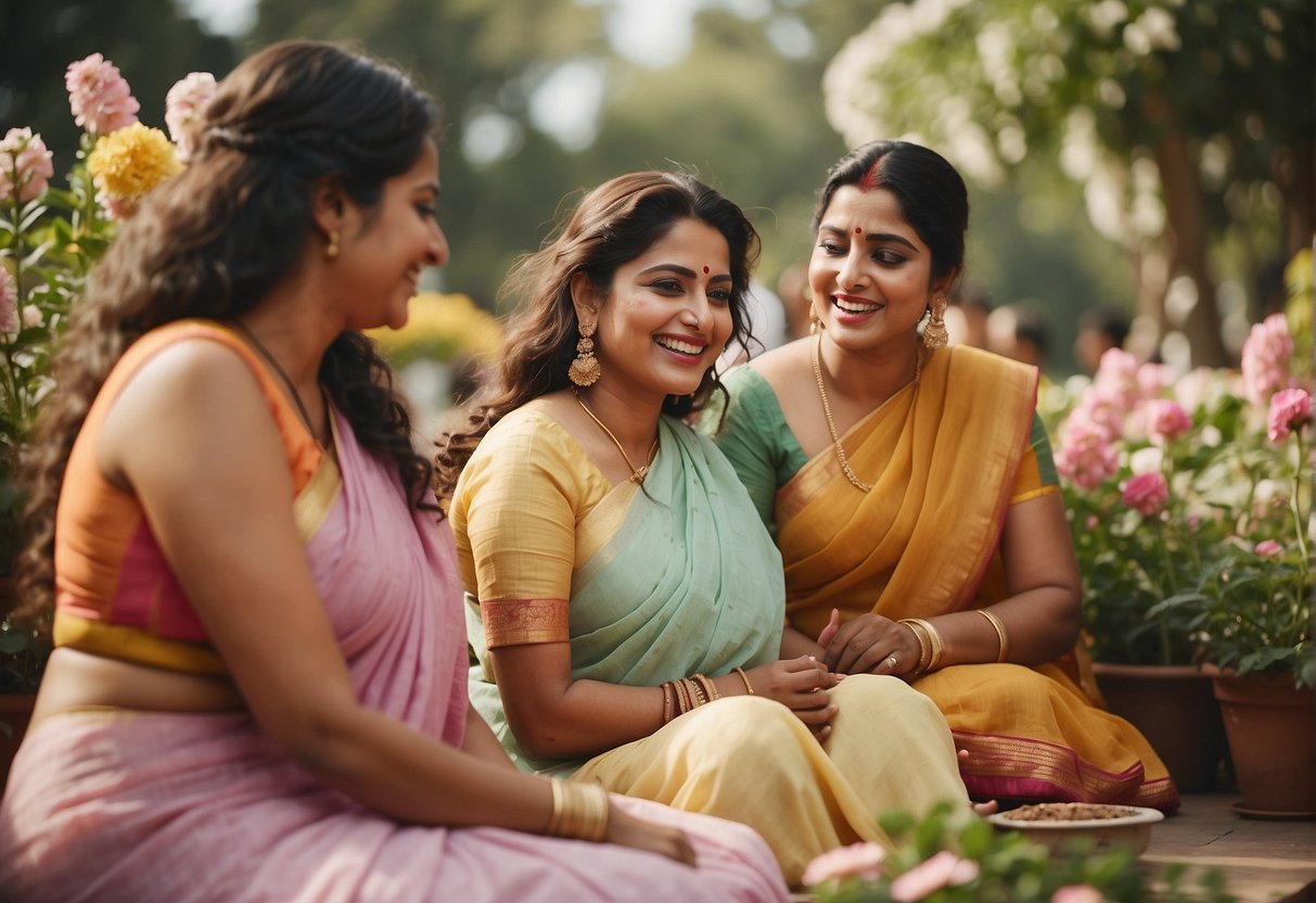 A group of women in pastel sarees gather at a daytime event, chatting and laughing in a garden filled with blooming flowers and dappled sunlight