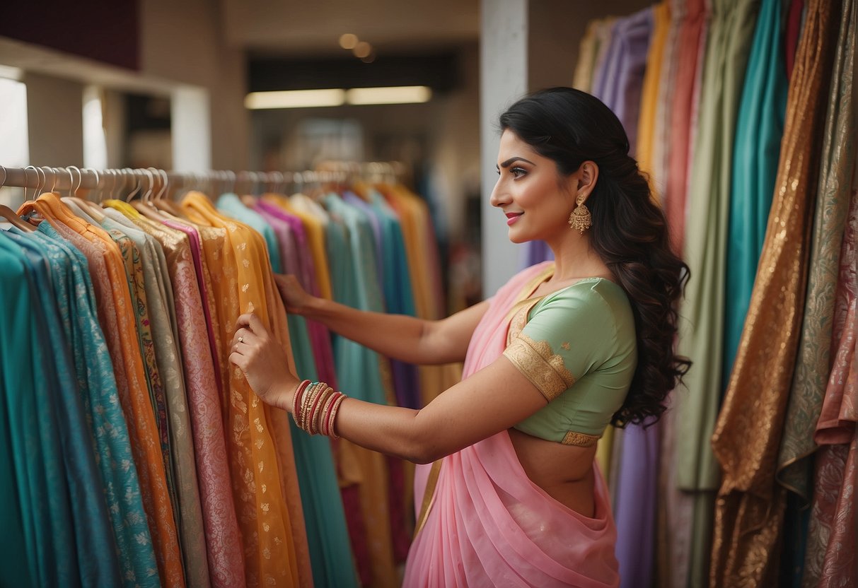 A woman carefully selects a pastel saree from a rack, surrounded by a variety of colorful fabrics. The soft, muted shades of the sarees create a serene and elegant atmosphere, perfect for a daytime event