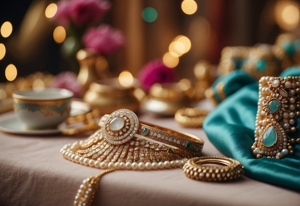 A table with pastel sarees, jewelry, and accessories arranged for styling. Light-filled room with party decor in the background