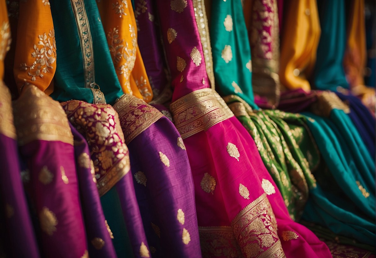 Vibrant sarees arranged in a bold display, catching the light with their bright colors and intricate designs