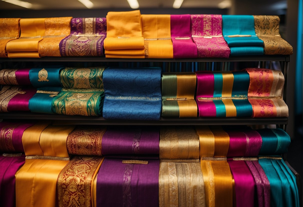 A vibrant array of bold and bright colored sarees displayed on a rack, showcasing a variety of hues and patterns