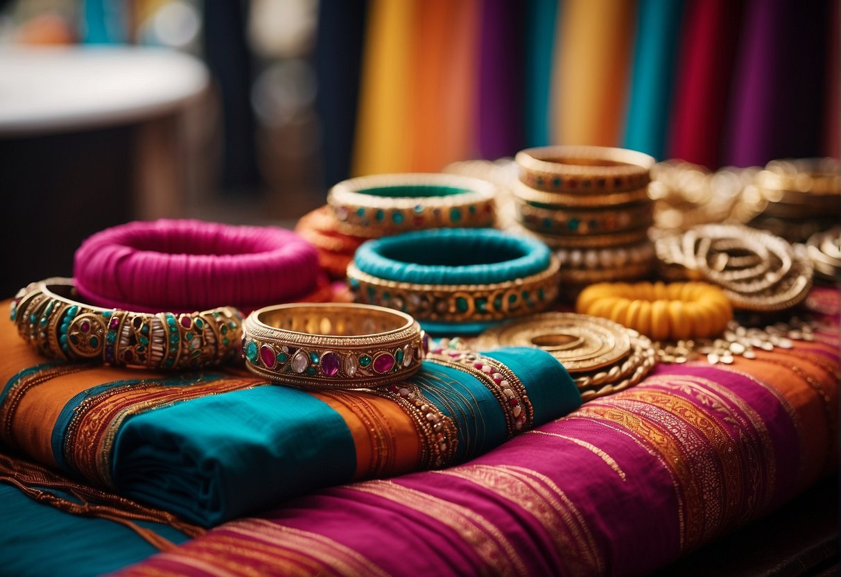 A table with colorful bangles, earrings, and necklaces next to a vibrant saree draped over a mannequin. A variety of blouses in different styles and patterns are displayed on hangers