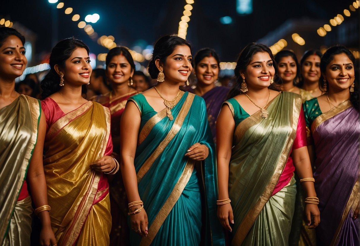 A group of metallic shade sarees shimmer under the evening lights, adding a touch of glamour to the party scene