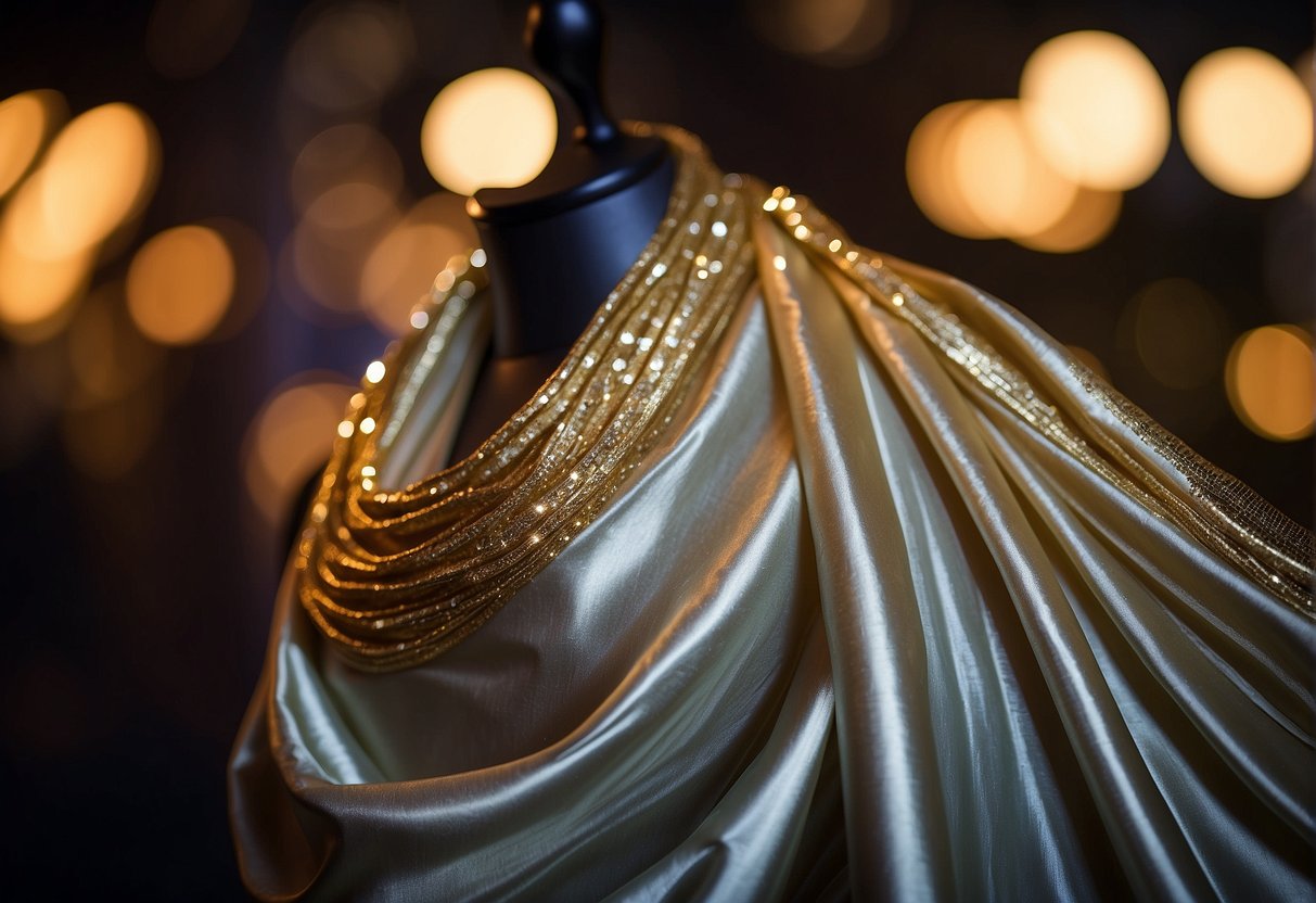 A metallic saree shining under evening lights, draped elegantly for a glamorous party look