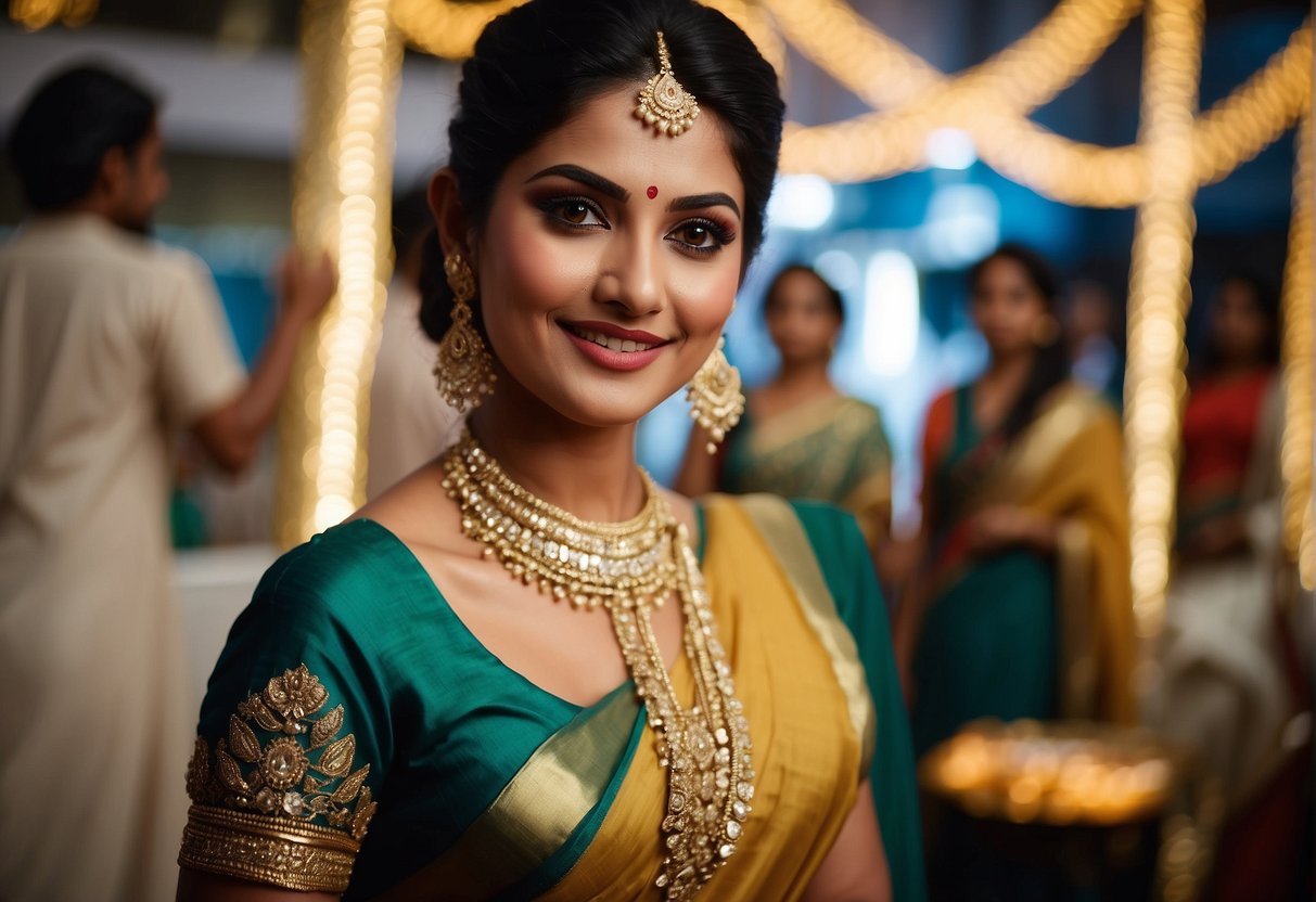 A glamorous evening party scene with metallic shade sarees, sparkling accessories, and elegant hairstyles. Bright lights and a sophisticated ambiance set the stage for a stylish gathering