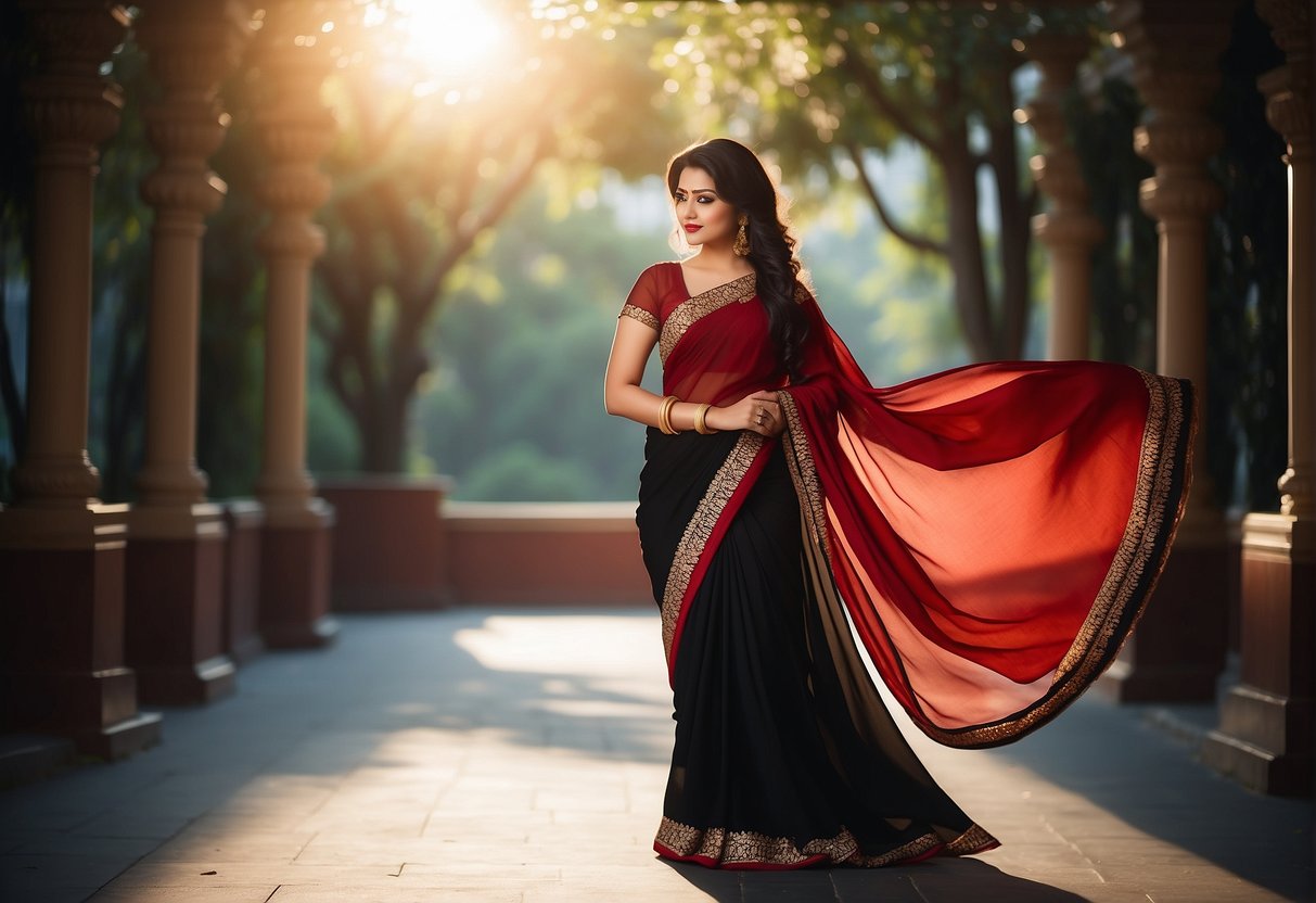 A woman's black and red saree drapes elegantly, catching the light in a luxurious setting
