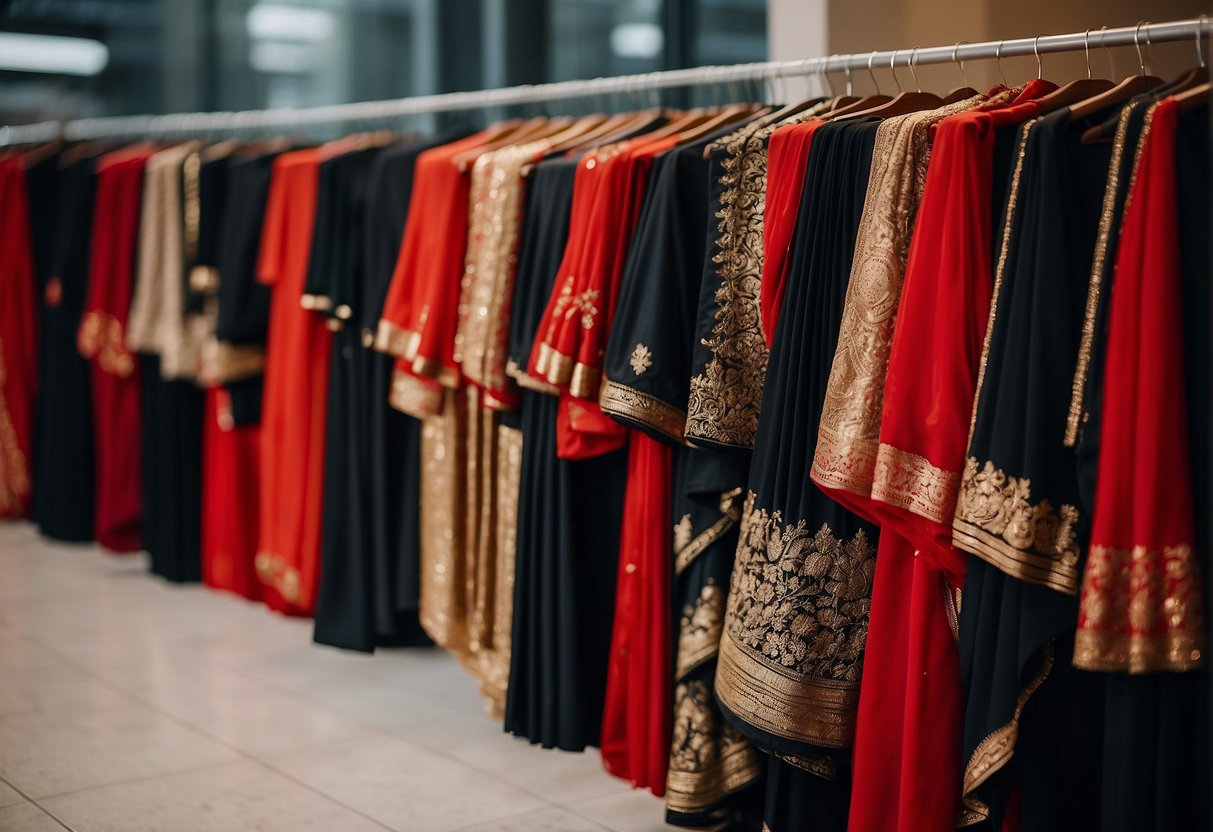 A display of black and red sarees arranged in an elegant fashion, catching the eye with their timeless allure and classic colors
