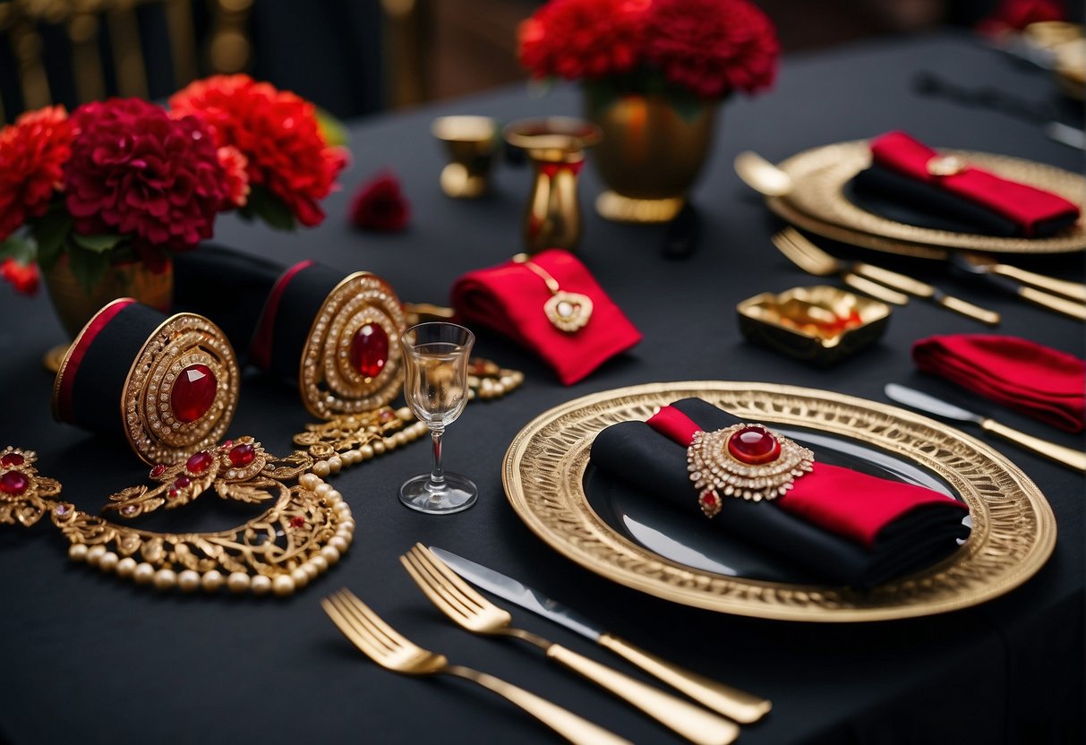 A table set with black and red sarees, elegant jewelry, and shoes, ready for any party