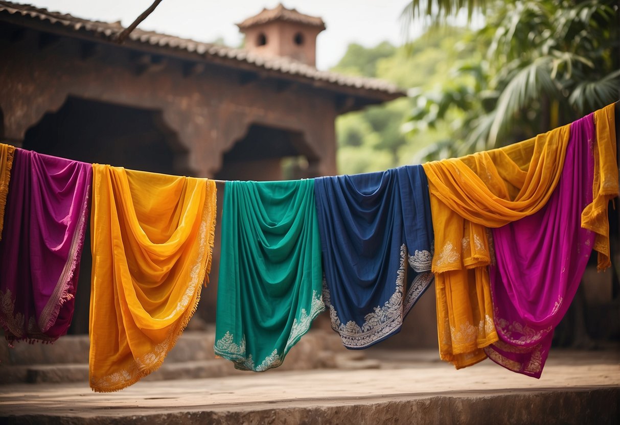 A group of vibrant neon colored sarees hanging on a clothesline, contrasting against a traditional backdrop, creating a bold and eye-catching display