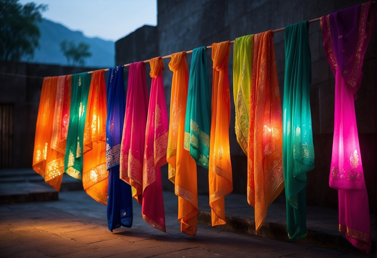 A vibrant display of neon sarees arranged in a cascading formation, catching the light to create a striking visual impact