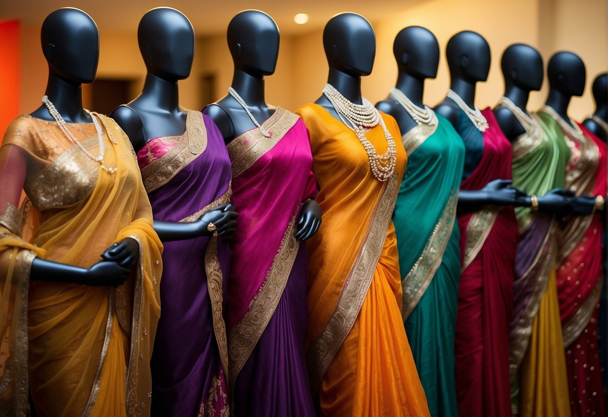 A vibrant display of colorful silk sarees draping elegantly on mannequins, adorned with intricate embroidery and shimmering embellishments, capturing the essence of partywear