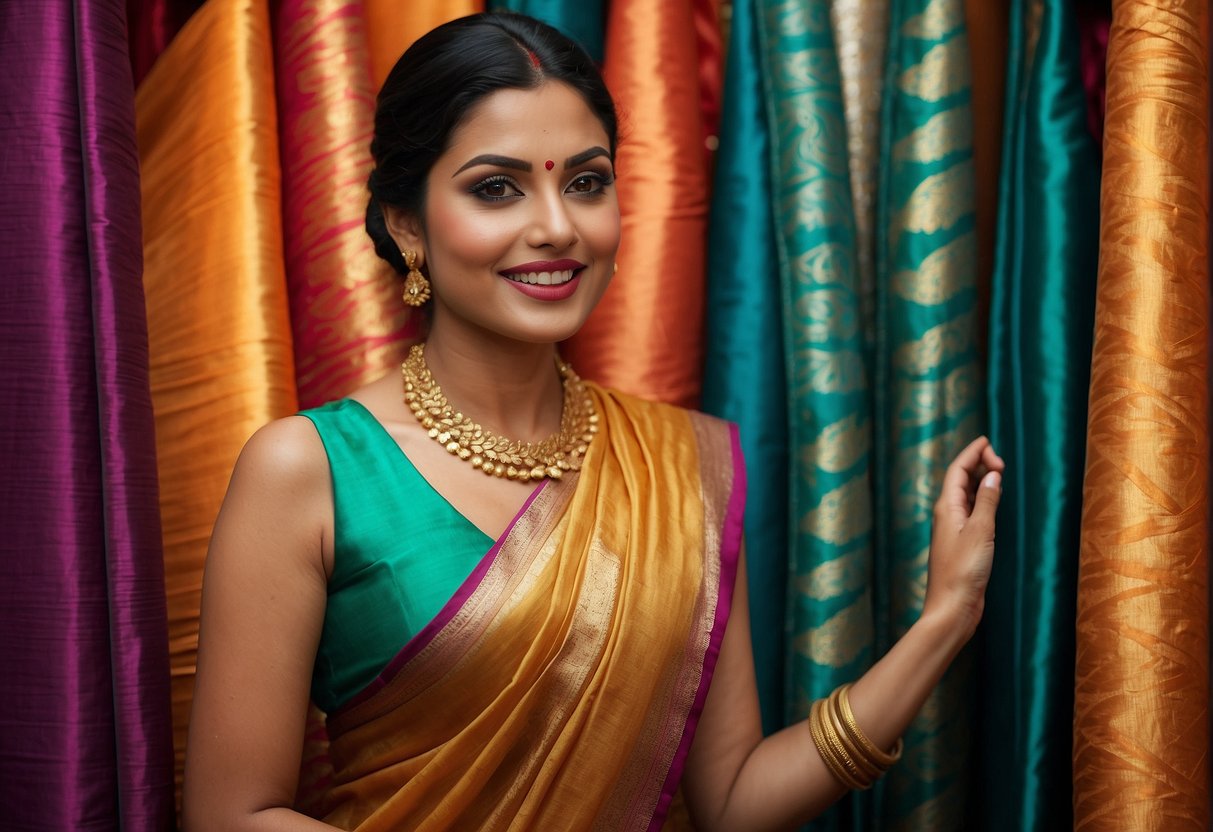 A woman carefully selects a vibrant silk saree, admiring its intricate designs and luxurious texture, surrounded by a display of elegant partywear sarees