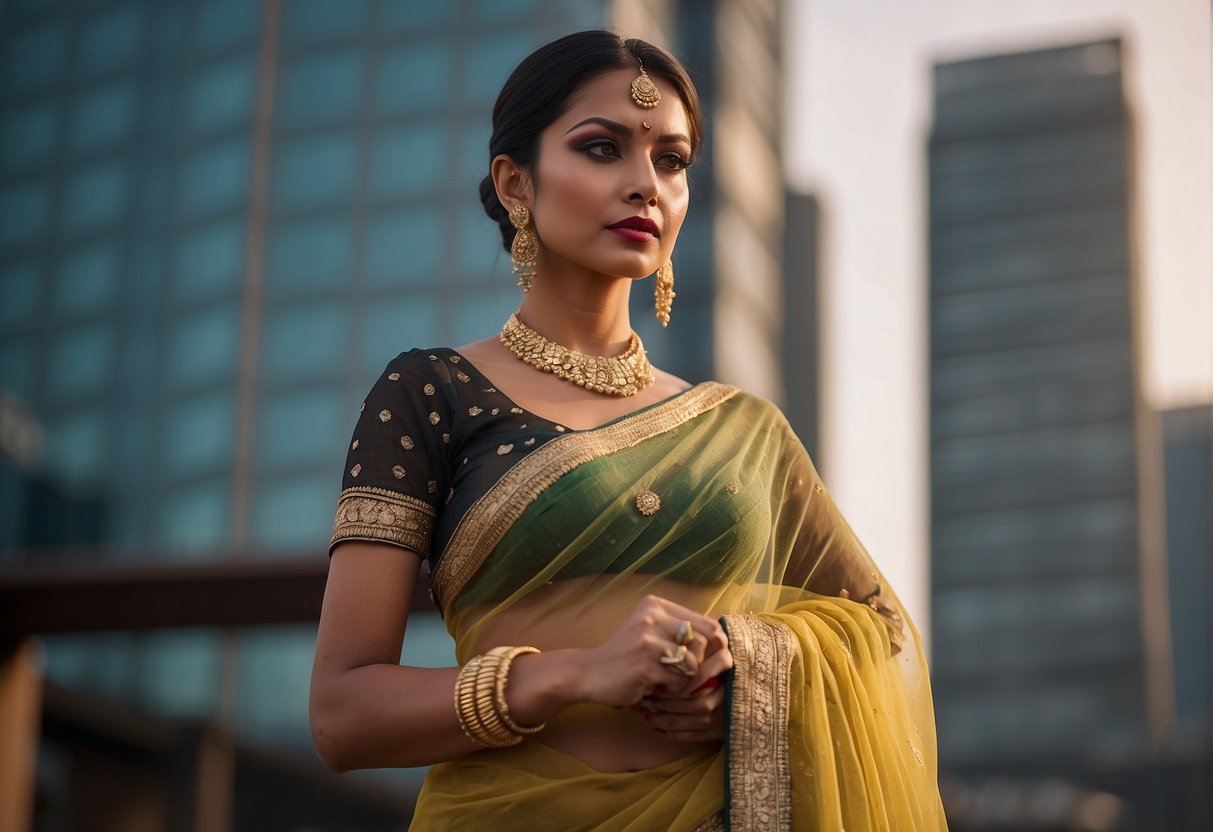 A woman in a contemporary net saree, with modern accessories and sleek hairstyle, standing against a backdrop of urban architecture