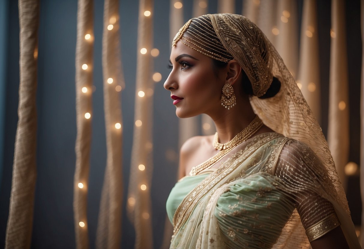 A mannequin draped in a net saree, paired with a contemporary blouse, showcasing modern draping techniques