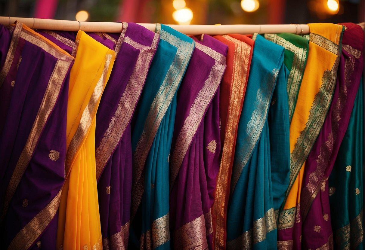 A vibrant display of pure cotton sarees, adorned with intricate patterns and bold colors, set against a backdrop of elegant party decor