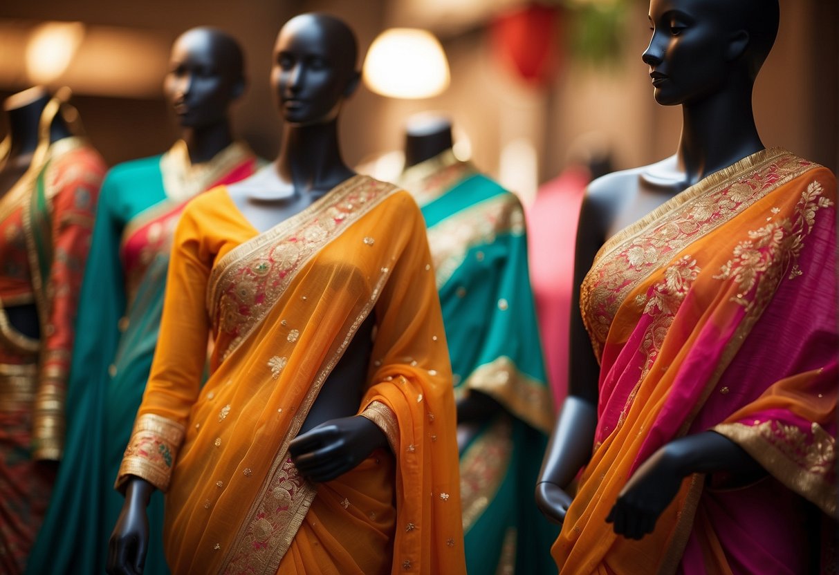 A vibrant cotton saree draped on a mannequin, adorned with intricate embroidery and vibrant colors, standing out among the traditional partywear attire