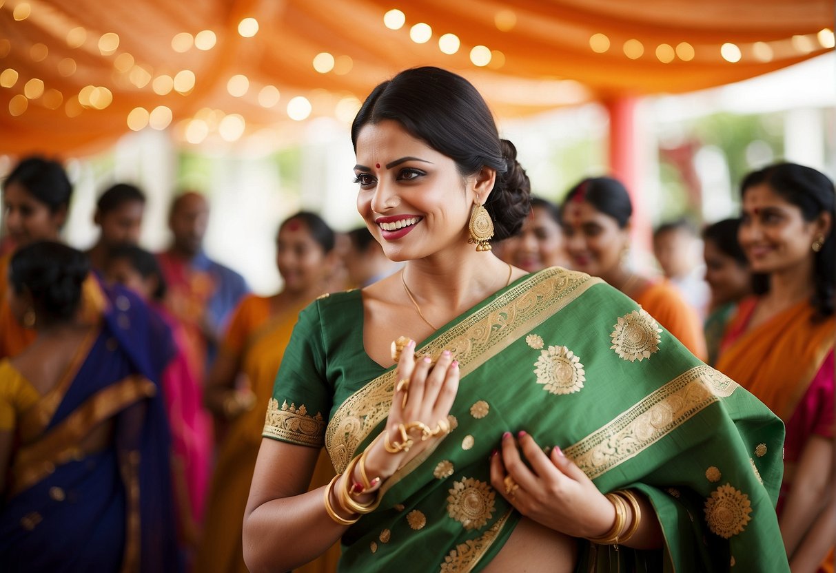 A woman holds up a pure cotton saree, considering it for a party. Different sarees are displayed in the background, showcasing versatility for various occasions