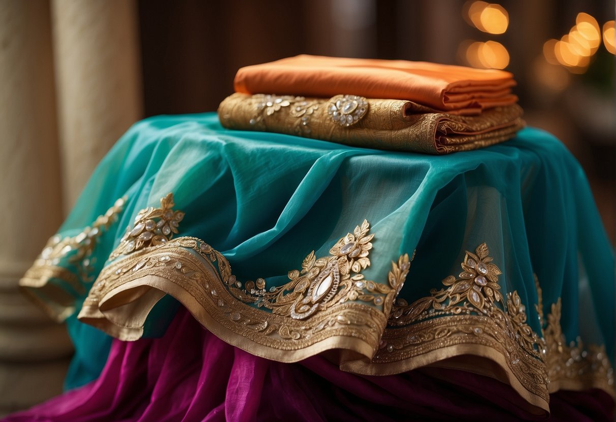 A table adorned with vibrant organza sarees, draped elegantly. Soft lighting highlights the delicate fabric, creating a sense of luxury and sophistication